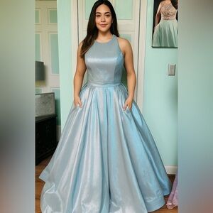 Sherri Hill 52957 Sky Blue Prom Pageant Ball Gown Dress Open Back Pockets Sz 12